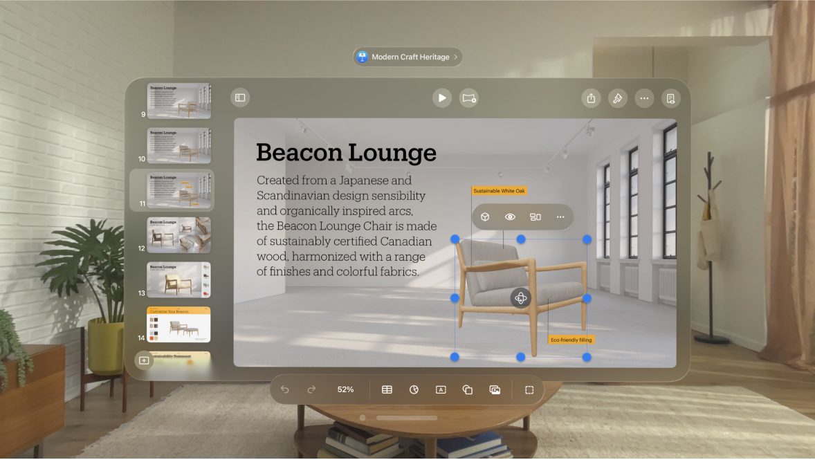 The Keynote app on Apple Vision Pro, showing a selected 3D object, with the format bar above it and the toolbar below it.