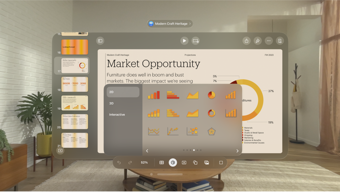 The Keynote app on Apple Vision Pro, showing the menu to add a chart in the toolbar.
