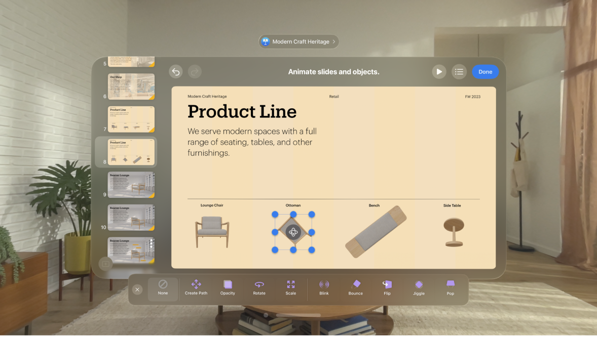 The Keynote app on Apple Vision Pro, showing the animation options for an object on a slide.