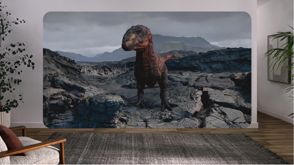 Encounter Dinosaurs on Apple Vision Pro, showing a dinosaur on a rocky landscape.