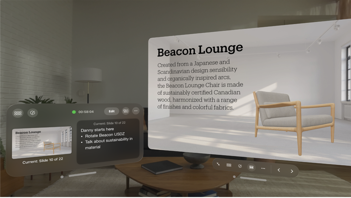 The Keynote app on Apple Vision Pro, showing a presentation playing, with the presenter display visible next to it.