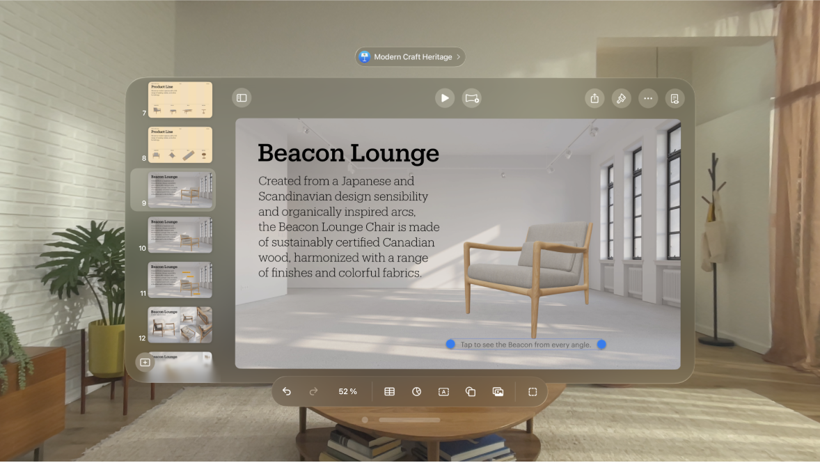 La app Keynote en el Apple Vision Pro mostrando un objeto con una descripción debajo de él.