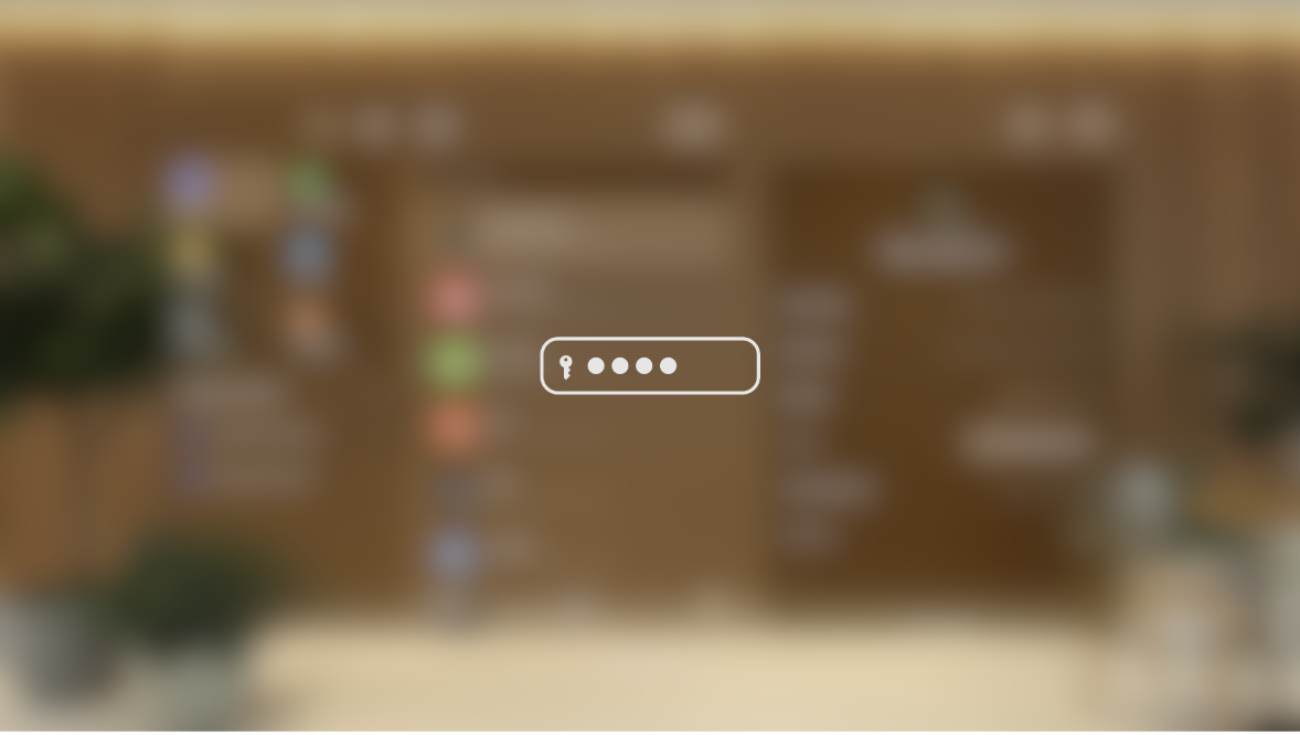 Vista en el Apple Vision Pro mientras se escribe una contraseña, tal y como lo vería alguien que está viendo una pantalla duplicada. La vista está borrosa y la imagen indica que el usuario está introduciendo una contraseña.