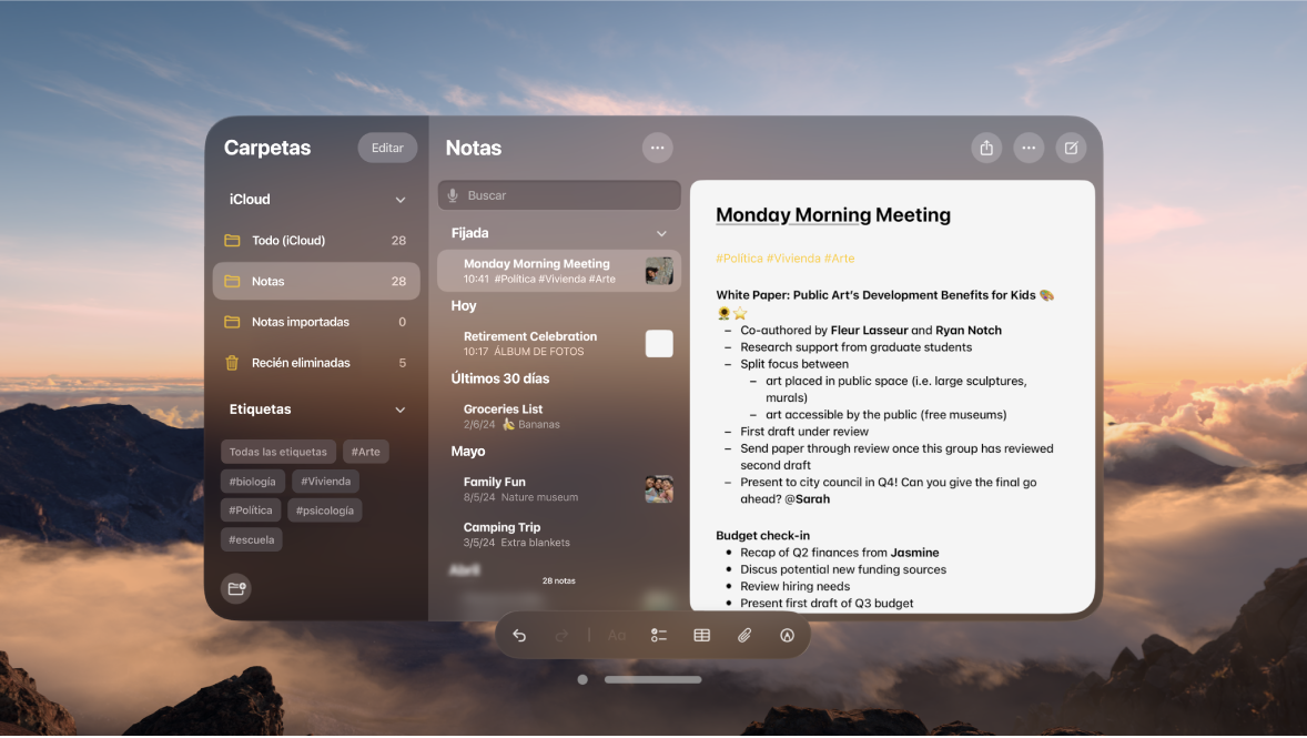 Vista de un usuario en el Apple Vision Pro. Se ve la ventana de la app con un ambiente al fondo.