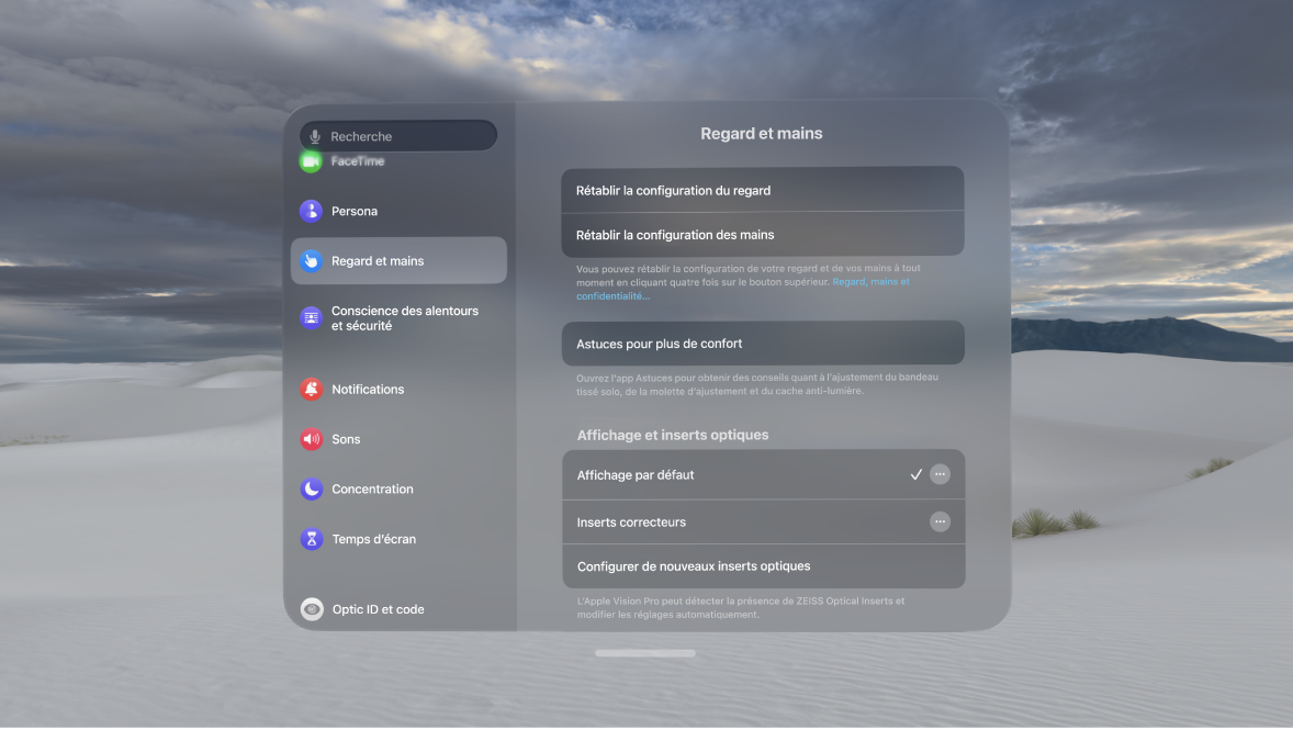 Réglages « Regard et mains », avec des options pour refaire la configuration du regard et des mains, modifier les réglages « Saisie manuelle », et plus.
