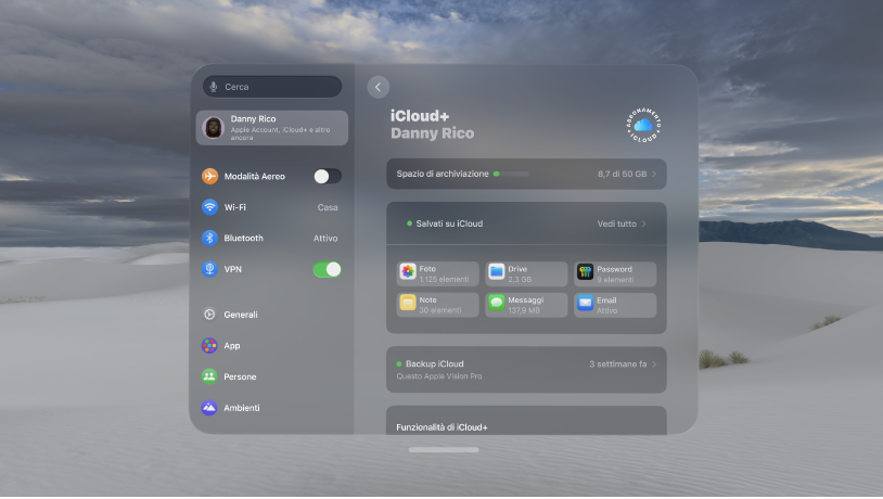 La finestra delle impostazioni su Apple Vision Pro che mostra lo spazio su iCloud.