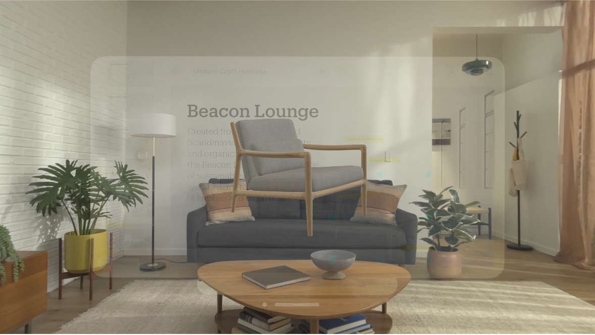 윈도우 중앙에 3D 대상체가 표시된 Apple Vision Pro의 Keynote 앱.