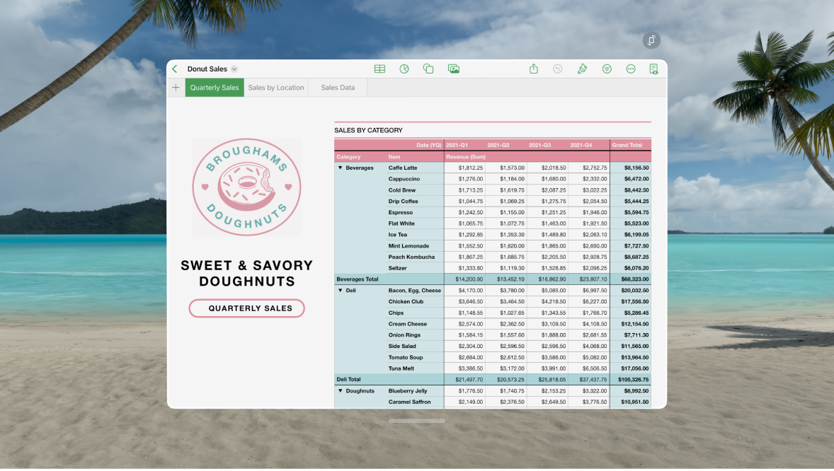 Apple Vision Pro 上的 Numbers App 顯示開啟的試算表和最上方的格式控制項目。