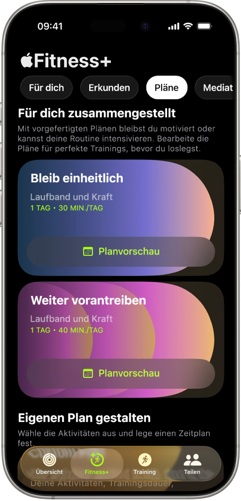 Der Bildschirm „Pläne“ in Apple Fitness+ zeigt oben auf dem Bildschirm einen aktiven Trainingsplan an. Unter den Trainingsdetails befinden sich Tasten zum Starten des Trainings und zum Anzeigen des Trainingsplans.