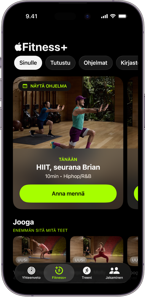 Apple Fitness+:n Sinulle-näyttö, jossa näkyy oman ohjelman treeni ja suositeltuja joogatreenejä.