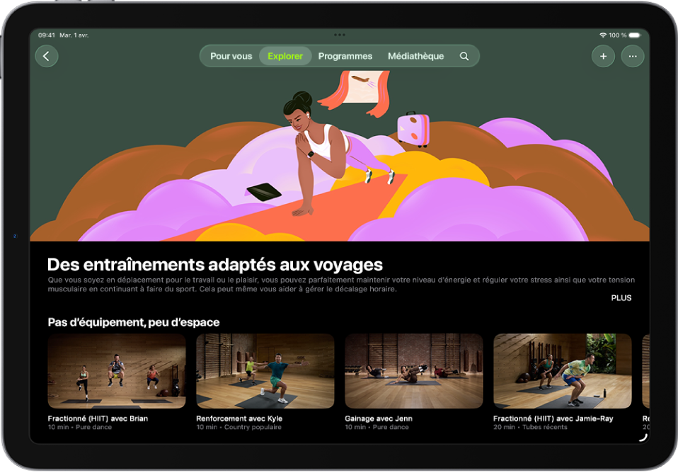 L’écran « Apple Fitness+ » affichant une collection « Retour au calme ». Le titre et la description de la collection se trouvent au centre de l’écran. Sous le titre de la collection se trouvent des rangs d’exercices.