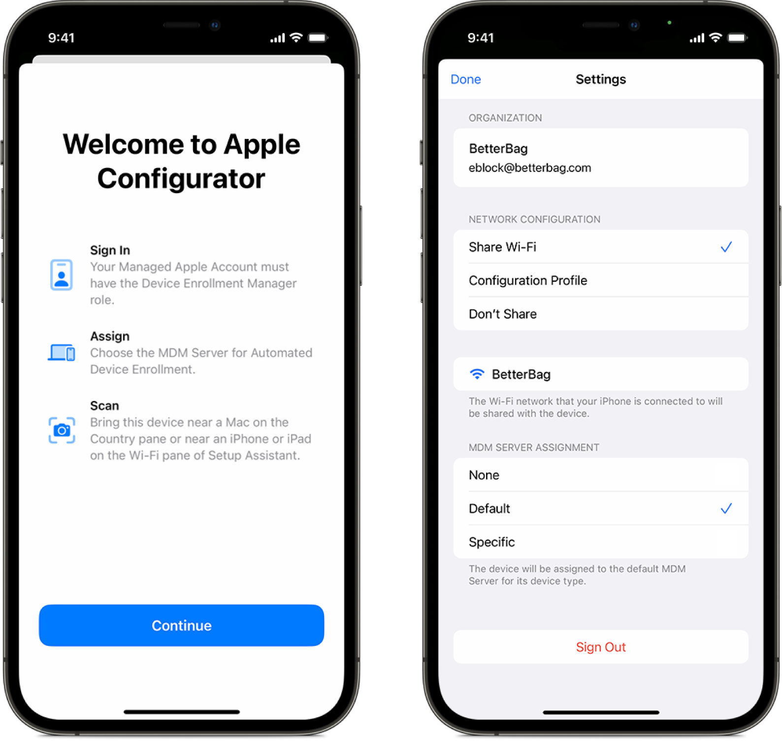 Dua tangkapan skrin iPhone menunjukkan Apple Configurator untuk iPhone. Yang pertama memaparkan skrin Selamat Datang, manakala yang kedua menunjukkan skrin Seting dengan perkhidmatan pengurusan peranti lalai yang dipilih sebagai tugasan automatik untuk peranti.