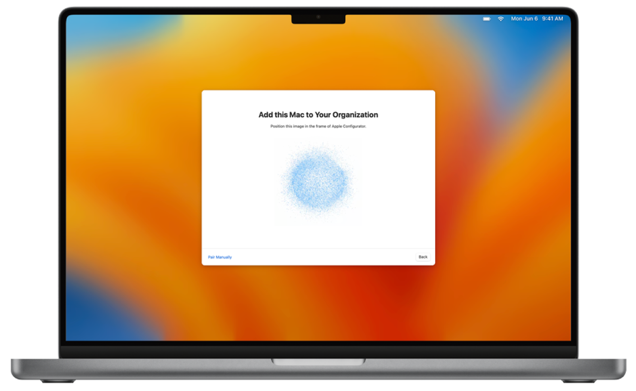 Imagem de um portátil Mac com o Assistente de configuração que mostra a imagem para emparelhar com o Apple School Manager ou o Apple Business Manager.