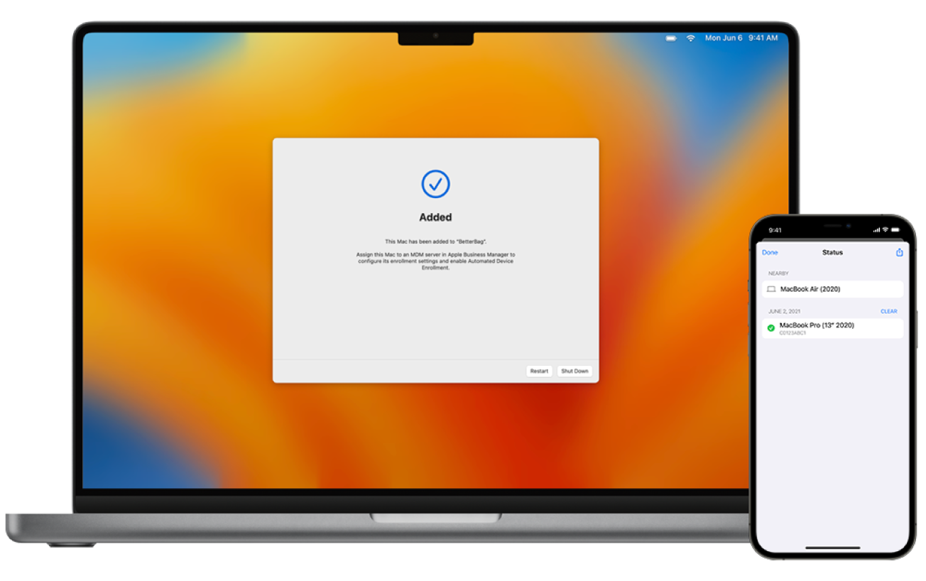 一張 Mac 筆記型電腦的影像,其中「設定輔助程式」顯示指派成功,另一張 iPhone 的影像顯示 Apple Configurator 以及指派作業。