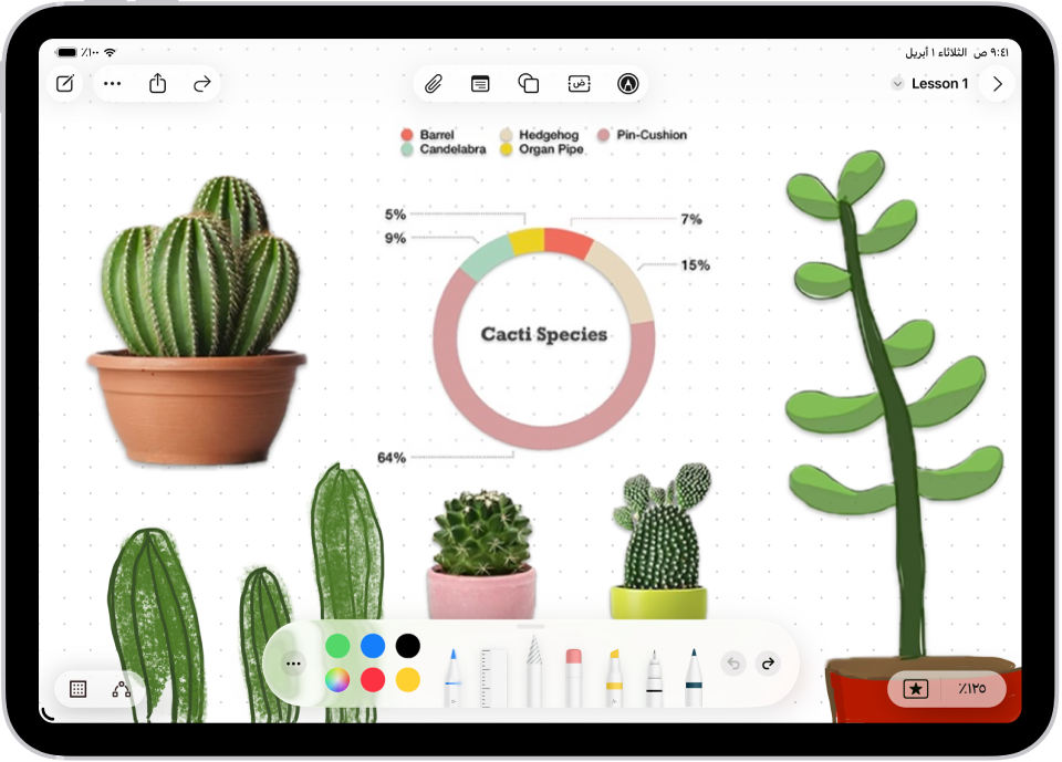 لوحة مساحة حرة بها رسومات للنباتات وأدوات رسم في الجزء السفلي.