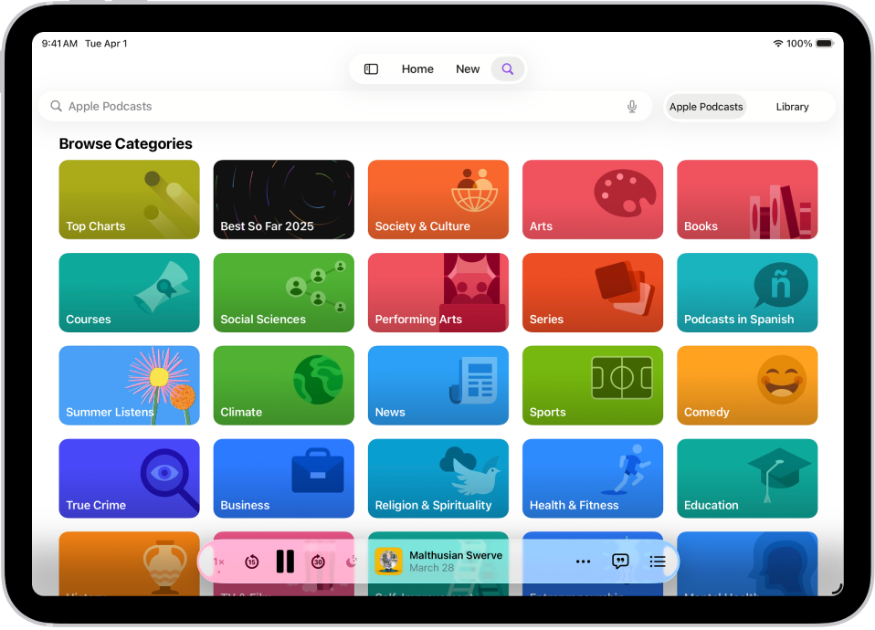 পডকাস্ট অ্যাপের সার্চ স্ক্রিন, যেখানে পডকাস্ট বিভাগ দেখানো হচ্ছে। স্ক্রিনের নিচের দিকে মিনিপ্লেয়ার রয়েছে।