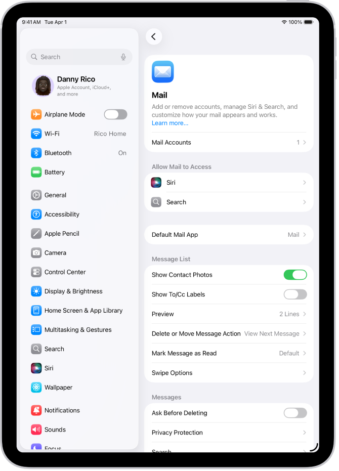 Mail સેટિંગ્સ સ્ક્રીન.