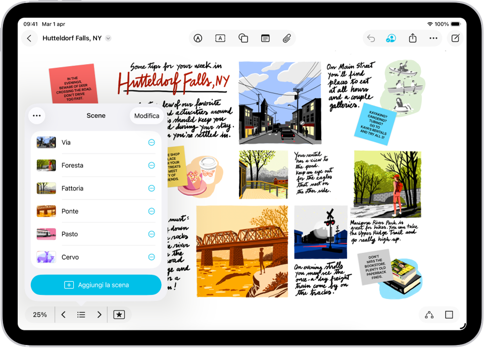 Una lavagna di Freeform con il navigatore scene aperto e diverse scene salvate.