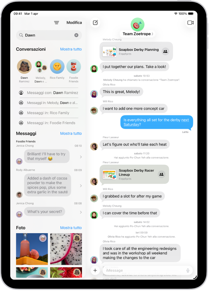 Il campo di ricerca nell’app Messaggi è in alto, sulla schermata. Il campo di ricerca contiene il nome della persona e diverse opzioni corrispondenti alla ricerca vengono visualizzate sotto di esso.