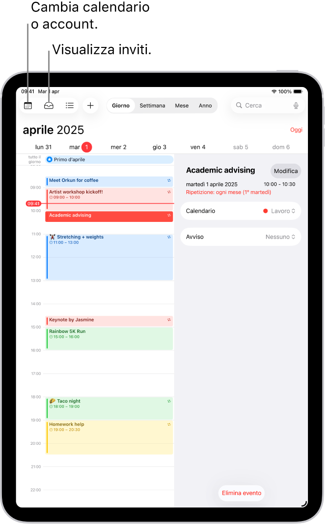 Un calendario con la vista Giorno. I pulsanti nella parte superiore ti consentono di passare alla vista Giorno, Settimana, Mese o Anno. Il pulsante Calendari si trova in alto a sinistra dello schermo e il pulsante “In entrata” è in alto a sinistra.