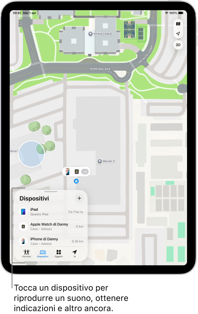 La schermata di Dov’è aperta sull’elenco Dispositivi. L’elenco dei dispositivi include “iPad di Daniele”, “iPhone di Daniele”, “Apple Watch di Daniele” e “AirPods Pro di Daniele”. Le loro posizioni sono mostrate su una mappa vicino a Santa Cruz.