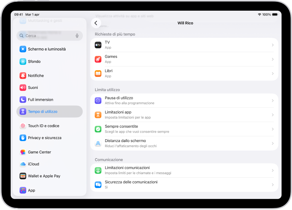 La schermata visualizzata da un bambino in un gruppo di “In famiglia”, con la sezione “Richieste di più tempo”.