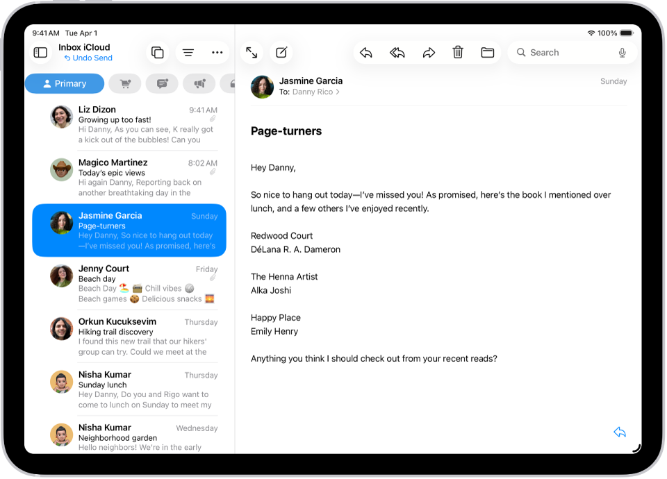 ಎಡಭಾಗದಲ್ಲಿ ಸಂದೇಶಗಳ ಪಟ್ಟಿ ಮತ್ತು ಬಲಭಾಗದಲ್ಲಿ ತೆರೆದ ಸಂದೇಶವನ್ನು ಹೊಂದಿರುವ Mail ಆ್ಯಪ್ನ ಇನ್ಬಾಕ್ಸ್. ಕಳುಹಿಸಿರುವುದನ್ನು ರದ್ದುಮಾಡಿ ಬಟನ್ (ಇತ್ತೀಚೆಗೆ ಕಳುಹಿಸಿದ ಸಂದೇಶವನ್ನು ಹಿಂತೆಗೆದುಕೊಳ್ಳಲು) ಸಂದೇಶ ಪಟ್ಟಿಯ ಕೆಳಭಾಗದಲ್ಲಿದೆ.