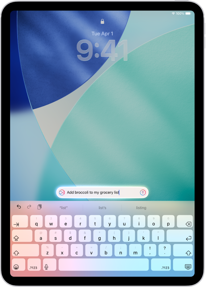 ಲಾಕ್ ಸ್ಕ್ರೀನ್ನಲ್ಲಿ ಕೀಬೋರ್ಡ್ ಅನ್ನು ತೋರಿಸುತ್ತಿರುವ iPad. ಕೀಬೋರ್ಡ್ನ ಮೇಲ್ಭಾಗದಲ್ಲಿ ಒಂದು Siri ವಿನಂತಿ ಕಾಣಿಸಿಕೊಳ್ಳುತ್ತದೆ.