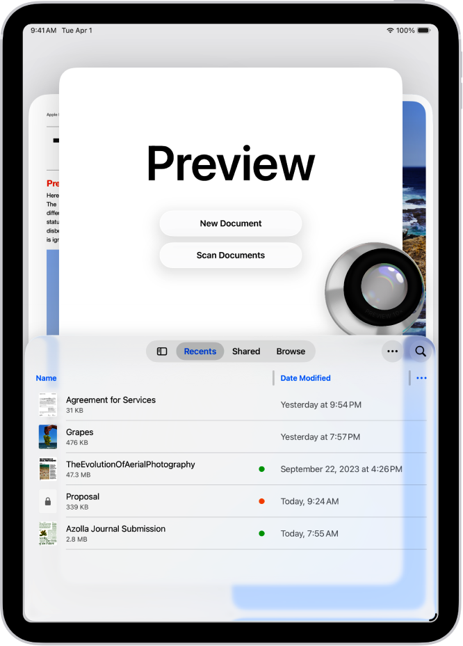 PDF-കളും ചിത്രങ്ങളും കാണിക്കുന്ന പ്രിവ്യൂ ആപ്പിന്റെ പ്രധാന സ്ക്രീൻ. ‘അടുത്തിടെയുള്ളവ’, ‘പങ്കിട്ടവ’, ‘ബ്രൗസ് ചെയ്യൂ’ ടാബുകൾ സ്ക്രീനിന്റെ താഴെയുണ്ട്.