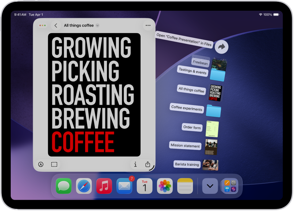 Dock-ൽ നിന്ന് തുറക്കാവുന്ന ഫയലുകൾ കാണിക്കുന്ന iPad ഹോം സ്ക്രീൻ.