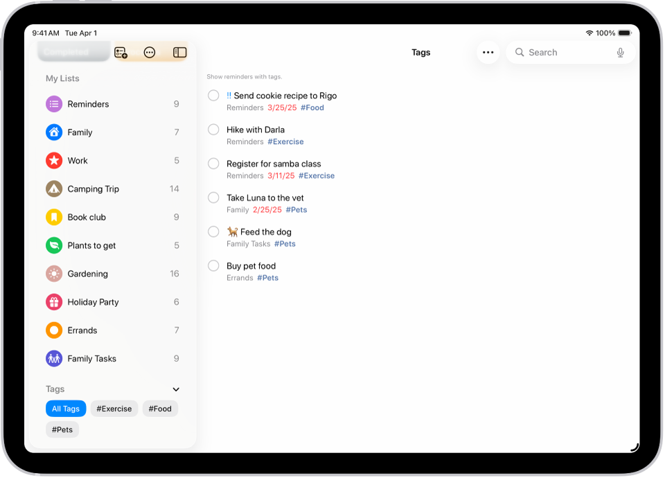 താഴെ ഇടതുവശത്തുള്ള, എല്ലാ ടാഗുകളും സെലക്റ്റ് ചെയ്ത ടാഗ് ബ്രൗസർ കാണിക്കുന്ന ഒരു ‘ഓർമപ്പെടുത്തൽ’ സ്ക്രീൻ. വലതുവശത്ത് ടാഗുകളുള്ള എല്ലാ ഇനങ്ങളുടെയും ലിസ്റ്റ് ഉണ്ട്.
