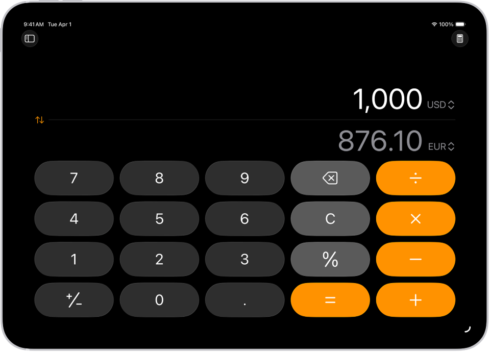iPad-ലെ കറൻസി പരിവർത്തനമുള്ള ബേസിക് കാൽക്കുലേറ്റർ.