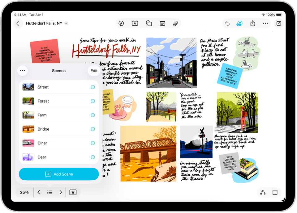 സീൻ നാവിഗേറ്റർ തുറന്നിരിക്കുന്നതും സേവ് ചെയ്ത നിരവധി സീനുകളുമുള്ള ഒരു Freeform ബോർഡ്.