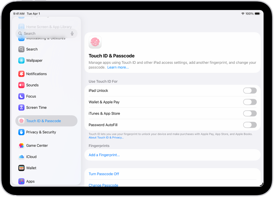 Touch ID व पासकोडचे सेटिंग दाखवणारी स्क्रीन, ज्यामध्ये बोटाचा ठसा समाविष्ट करण्यासाठी आणि पासकोड चालू करण्यासाठी पर्याय उपलब्ध आहेत.