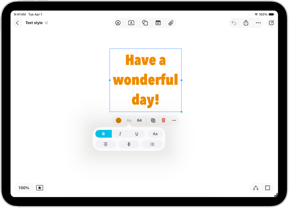 सिलेक्ट केलेला टेक्स्ट बॉक्स आणि त्याच्या खाली टेक्स्ट फॉरमॅटिंग टूल्स दाखवणारा Freeform बोर्ड.