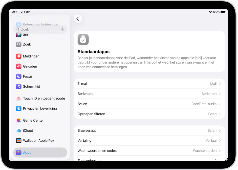 Het scherm waar je de standaardapps instelt om bijvoorbeeld e‑mail te versturen en op het web te surfen.