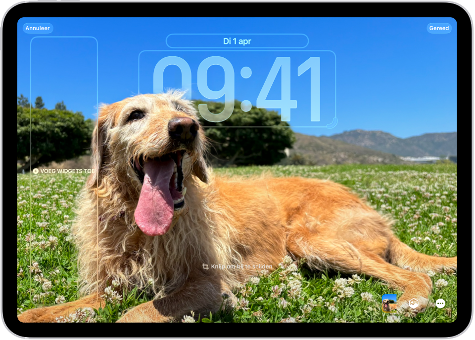 Een aangepast toegangsscherm dat wordt bewerkt. Er zijn elementen geselecteerd die kunnen worden aangepast, zoals de datum, de tijd en een knop voor het toevoegen van widgets.