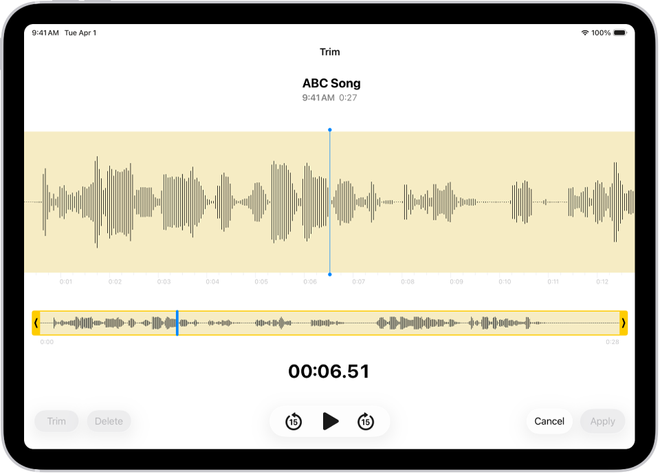 ସ୍କ୍ରୀନ୍ର ସର୍ବାତଳେ ଅଡିଓ ୱେଭ୍ଫର୍ମ୍ର ଏକ ଅଂଶକୁ ଏନ୍କ୍ଲୋଜ୍ କରୁଥିବା ହଳଦିଆ ଟ୍ରୀମ୍ ହ୍ୟାଣ୍ଡଲ୍ ସହିତ ଏଡିଟ୍ କରାଯାଉଥିବା ଏକ ରେକର୍ଡିଂ। “ପ୍ଲେ ବ୍ଯାକ୍ କଣ୍ଟ୍ରୋଲ୍”ର ବାମ ପାର୍ଶ୍ୱରେ “ଟ୍ରିମ୍ କରନ୍ତୁ” ବଟନ୍ (ହ୍ୟାଣ୍ଡେଲ୍ ବାହାରେ ରେକର୍ଡିଂର ଅଂଶ ଡିଲିଟ୍ କରିବା ପାଇଁ) ଏବଂ “ଡିଲିଟ୍ କରନ୍ତୁ” ବଟନ୍ (ହ୍ୟାଣ୍ଡେଲ୍ ବାହାରେ ରେକର୍ଡିଂର ଅଂଶ ଡିଲିଟ୍ କରିବା ପାଇଁ) ଅଛି।