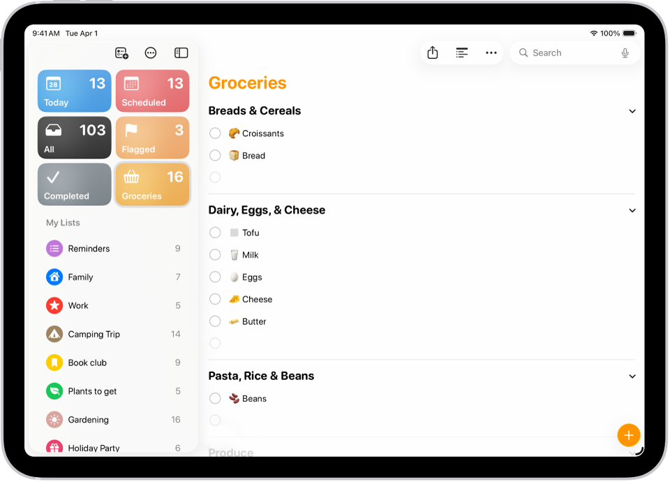 ਰਿਮਾਈਂਡਰ ਐਪ, ਜਿਸ ਵਿੱਚ ਉਤਪਾਦ ਅਤੇ ਸਮੁੰਦਰੀ ਭੋਜਨ ਵਰਗੀਆਂ ਸ਼੍ਰੇਣੀਆਂ ਵਿੱਚ ਆਈਟਮਾਂ ਦੇ ਨਾਲ ਕਰਿਆਨੇ ਦੇ ਸਮਾਨ ਦੀ ਸੂਚੀ ਦਿਖਾਈ ਜਾ ਰਹੀ ਹੈ।