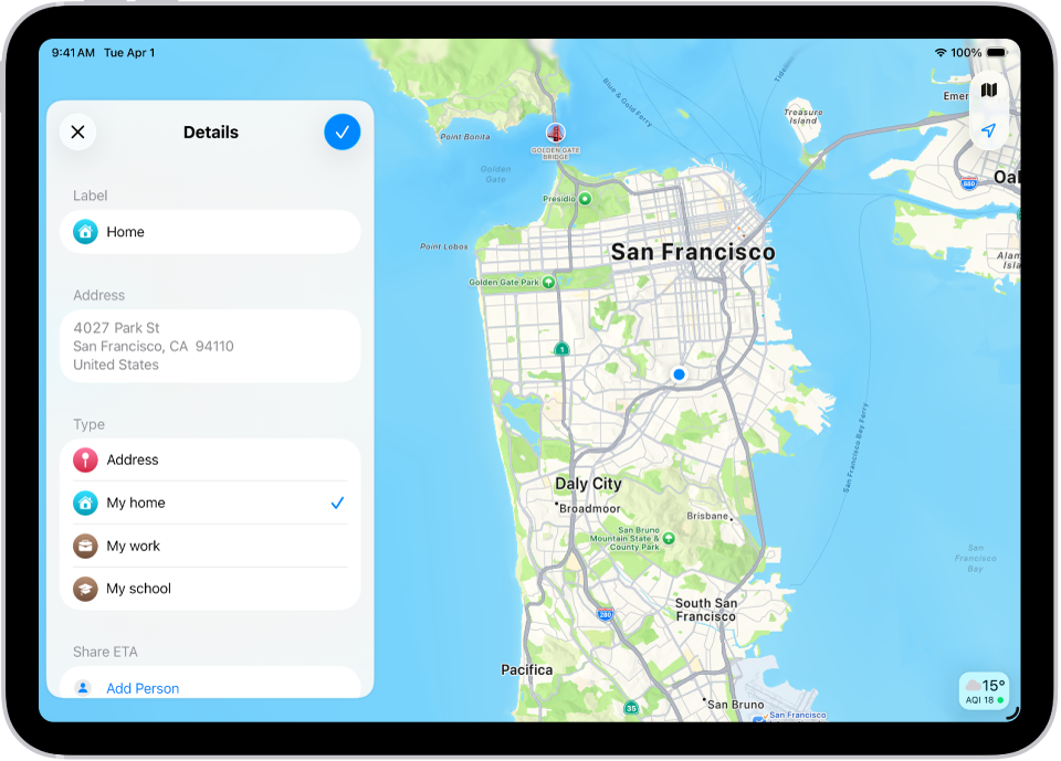 ਨਕਸ਼ੇ ਐਪ ਵਿੱਚ ਕਿਸੇ ਪਤੇ ਨੂੰ ਘਰ, ਕਾਰਜ-ਸਥਾਨ ਜਾਂ ਸਕੂਲ ਵਜੋਂ ਸੈੱਟ ਕਰਨ ਦੇ ਵਿਕਲਪਾਂ ਦੇ ਵੇਰਵਿਆਂ ਵਾਲੀ ਸਕਰੀਨ ਦਿਖਾਈ ਗਈ ਹੈ।
