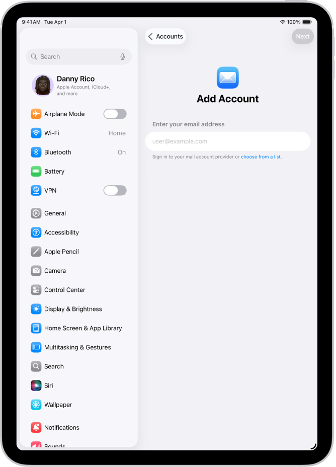 “கணக்கைச் சேர்” திரையில் உங்கள் மின்னஞ்சல் முகவரியை உள்ளிடுவதற்கான புலம் காட்டப்பட்டுள்ளது.