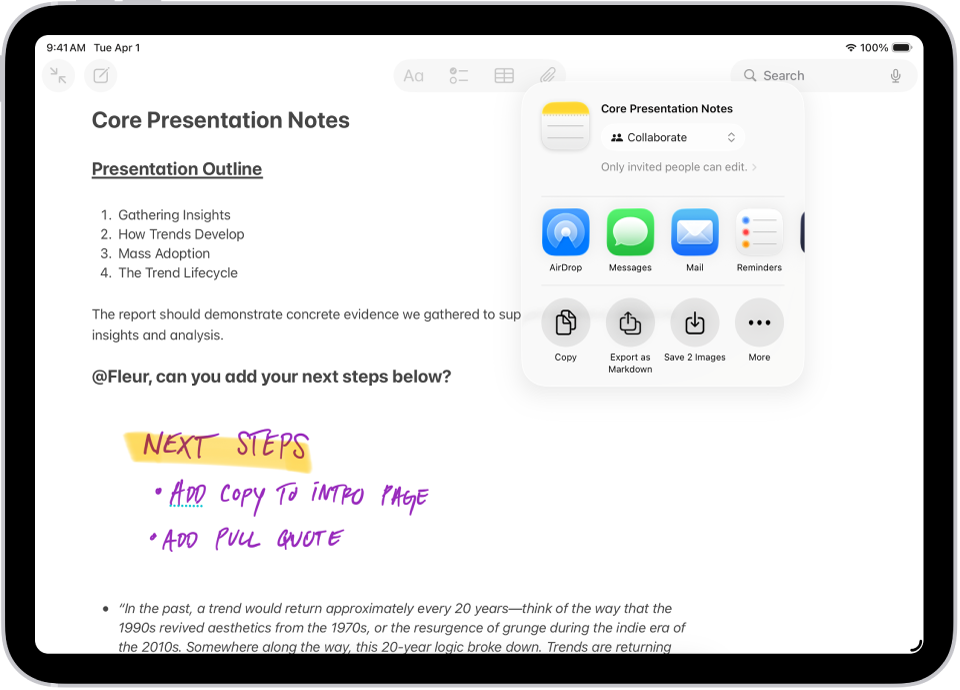 షేరింగ్ ఎంపికలను చూపించే ఓవర్లే నోట్.