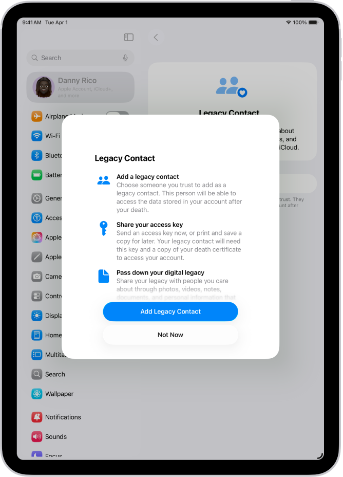 ఫీచర్కు సంబంధించిన సమాచారంతో లెగసీ కాంటాక్ట్ స్క్రీన్. ‘లెగసీ కాంటాక్ట్ను జోడించండి’ బటన్ దిగువన ఉంది.