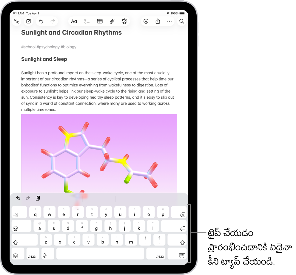 నోట్స్ యాప్లో డాక్యుమెంట్ తెరవబడింది. స్క్రీన్పై కనిపించే కీబోర్డ్ స్క్రీన్ దిగువ భాగంలో ఉంది.