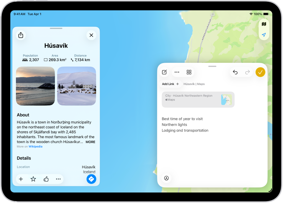 ఐస్ల్యాండ్ మ్యాప్పై ఉన్న విండోలో క్విక్ నోట్. మ్యాప్ లింక్ చేయడానికి నోట్లో టెక్స్ట్, ఆప్షన్ ఉన్నాయి.