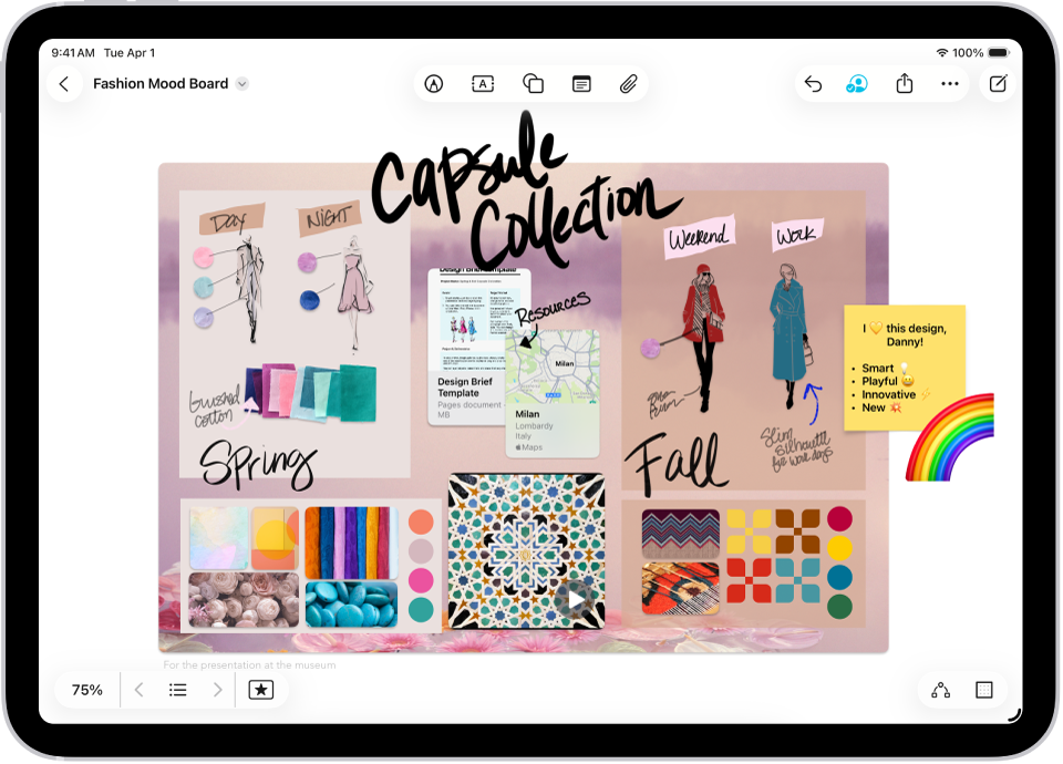 iPad جس میں Freeform ایپ کھلا ہوا ہے۔ ہینڈ رائٹنگ، متن، ڈرائنگ، شکل، تصاویر، ویڈیو، اسٹکی نوٹ، لنک اور دیگر فائلوں والا بورڈ۔