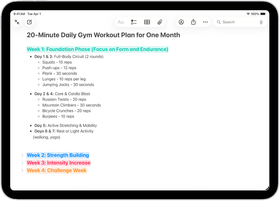 نوٹ ایپ میں، اسکرین کے اوپری حصے میں سمیٹے جانے کے قابل ہیڈنگ والا نوٹ۔