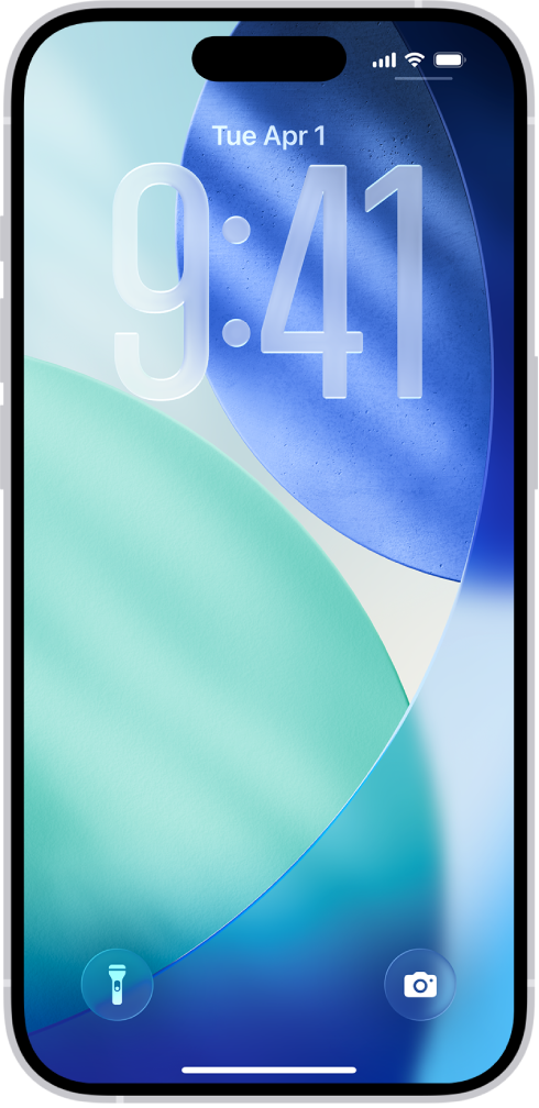 iPhone लॉक स्क्रीन शीर्षस्थानाजवळ वेळ व दिनांक आणि खाली फ्लॅशलाइट व कॅमेरा आयकॉन दाखवते.