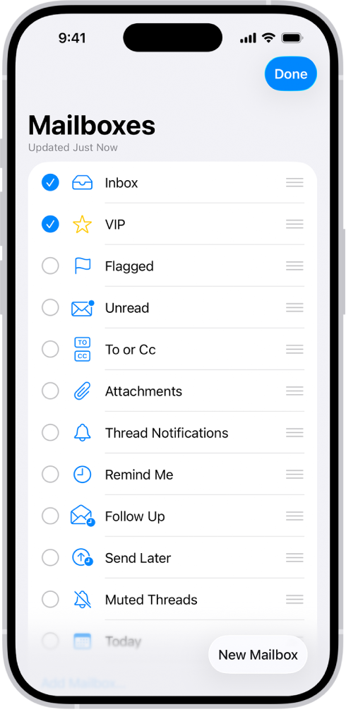 மெயில்பாக்ஸ்களைத் திருத்துதல் திரை. “விருப்பத்தேர்வு மெயில்பாக்ஸ்கள்” மேலிருந்து கீழாக பட்டியலிடப்பட்டுள்ளன, ஒவ்வொரு விருப்பத்திற்கும் இடதுபுறத்தில் ஒரு செக்பாக்ஸ் இருக்கும். திரையின் கீழ் வலது மூலையில் “புதிய மெயில்பாக்ஸ்” என்று பட்டன் இருக்கும்.
