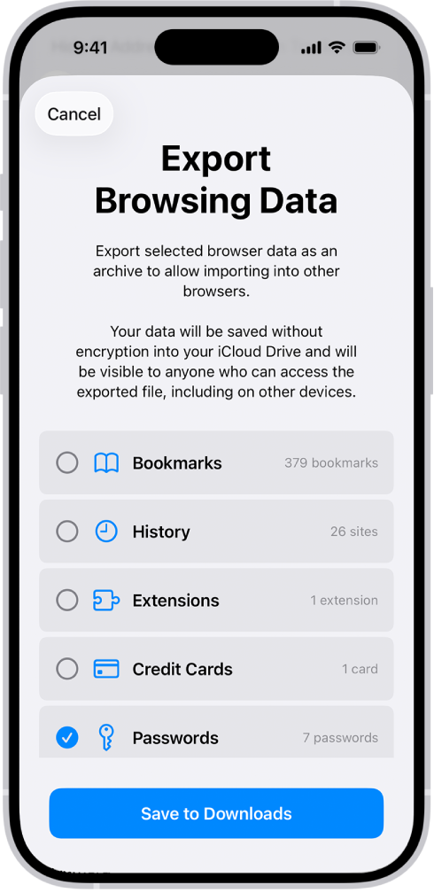 “உலாவல் தரவை இம்போர்ட் செய்தல்” திரை, வேறு பாஸ்வேர்டு நிர்வாகிக்கு எக்ஸ்போர்ட் செய்வதற்கான “பாஸ்வேர்டுகள்” விருப்பம் தேர்ந்தெடுக்கப்பட்டுள்ளது.